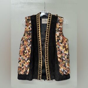 Etro Milano black suede vest with leather and metallic chevron patchwork size 42